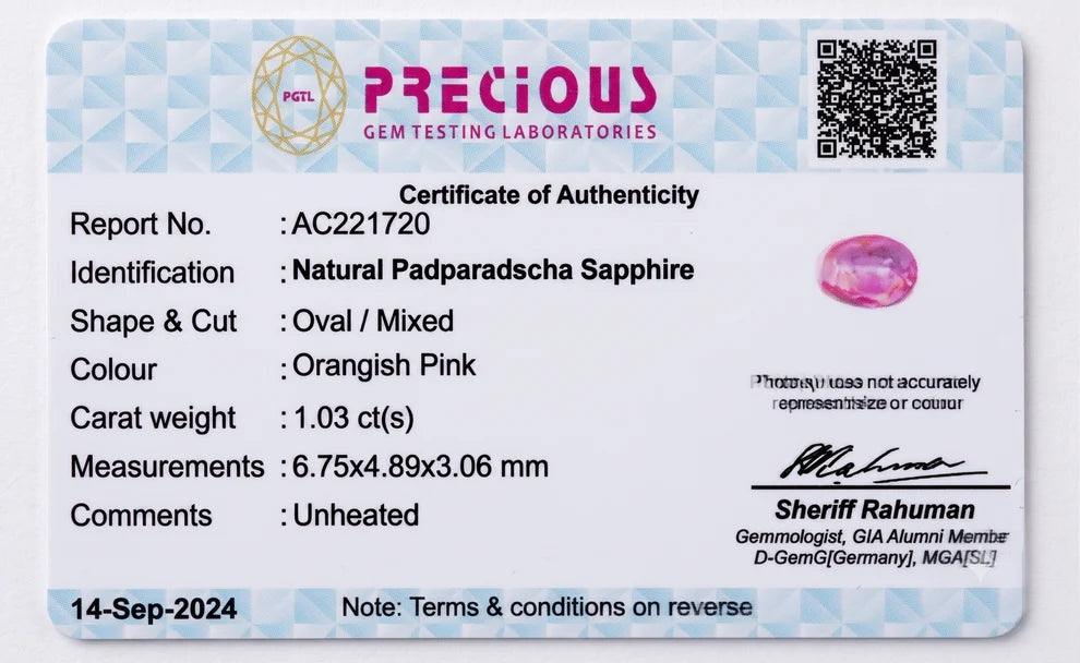 PGTL laboratory report for the 1.03 ct Padparadscha Sapphire