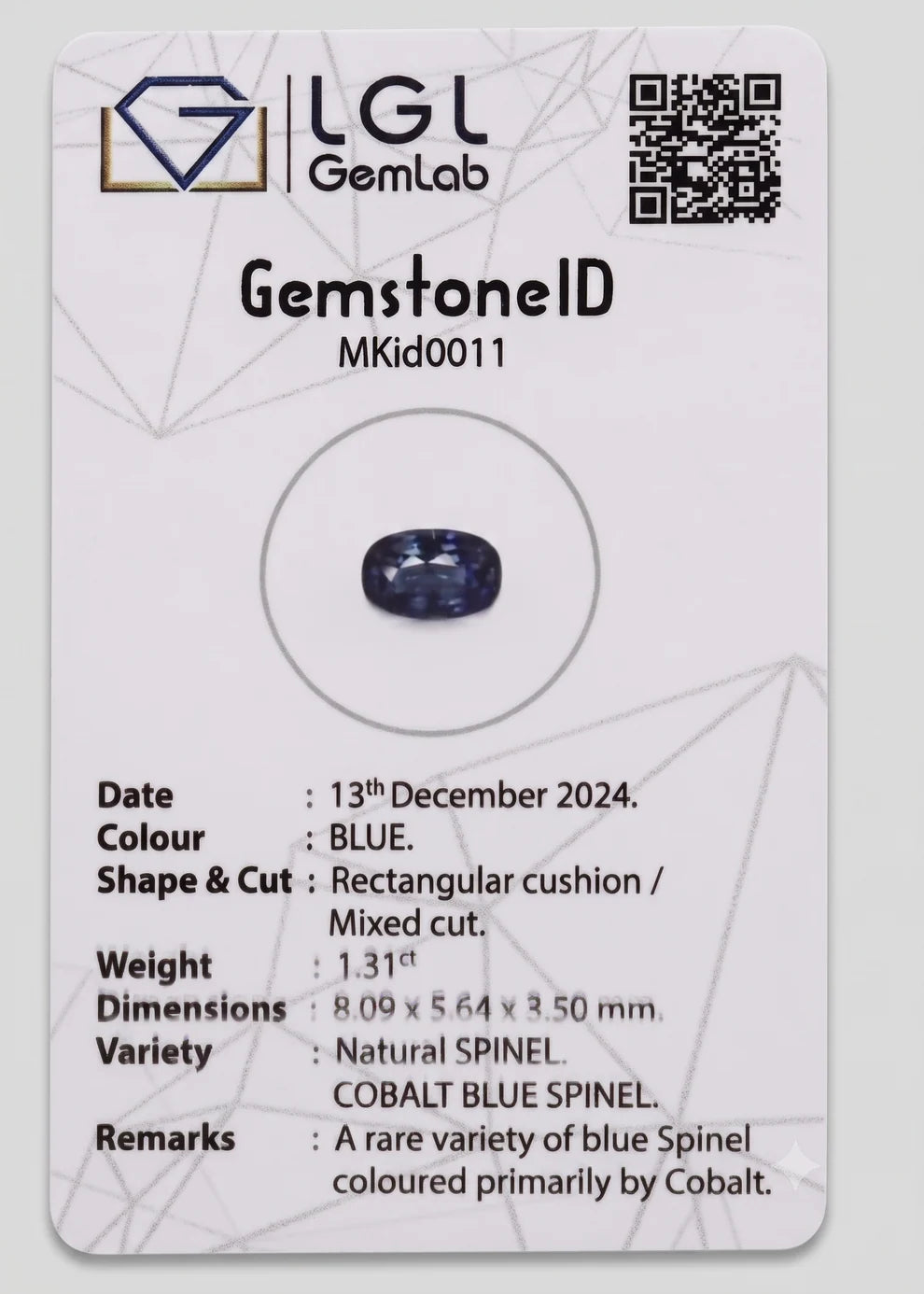 LGL Gemlab laboratory report for the 1.31 ct Cobalt Blue Spinel
