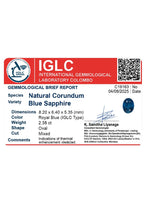 IGLC laboratory report C19163 for the 2.38 ct blue sapphire