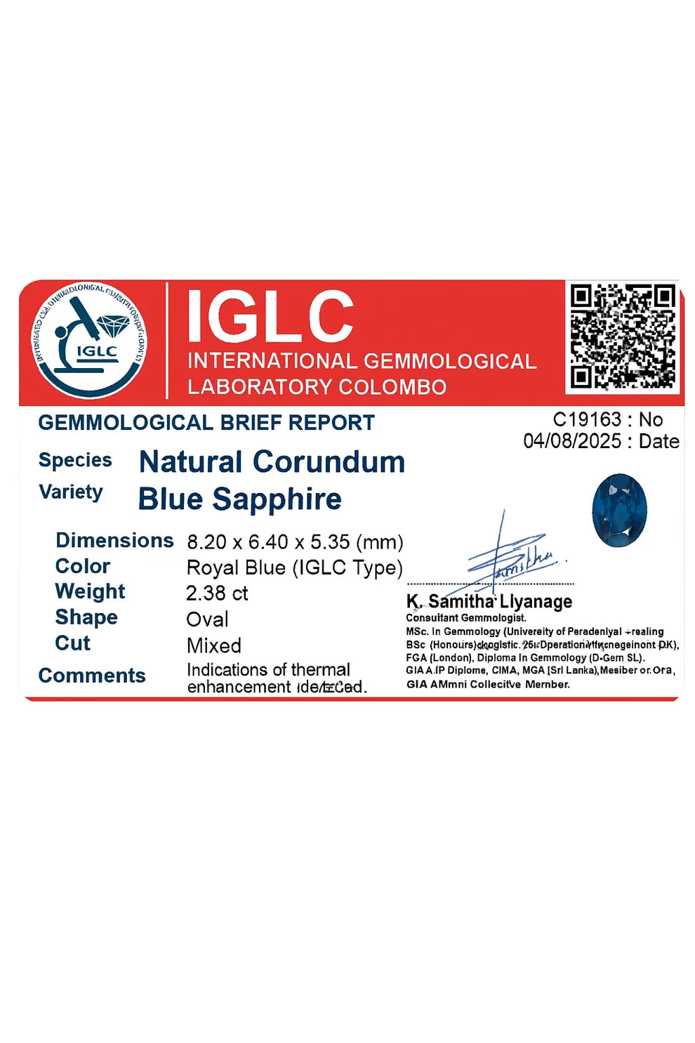 IGLC laboratory report C19163 for the 2.38 ct blue sapphire