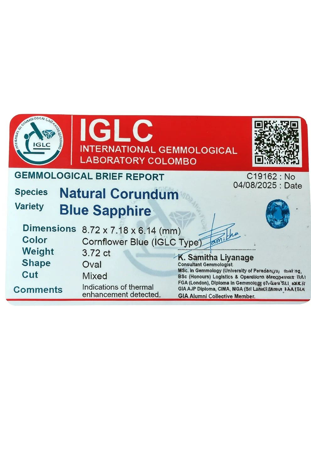 IGLC laboratory report C19162 for the 3.72 ct blue sapphire