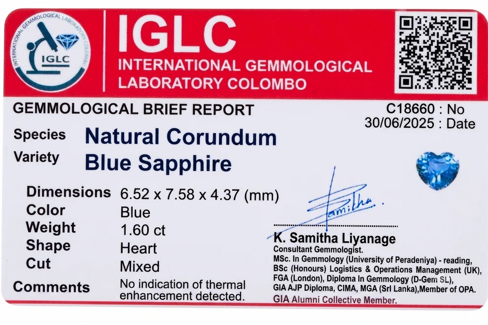 IGLC laboratory report C18660 for the 1.60 ct blue sapphire